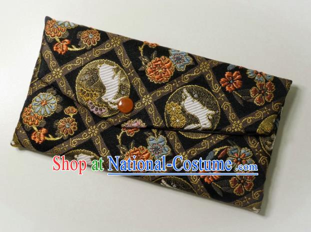 Japanese Traditional Classical Orchid Rabbits Pattern Black Brocade Handbag Asian Japan Nishijin Satin Bags Wallet