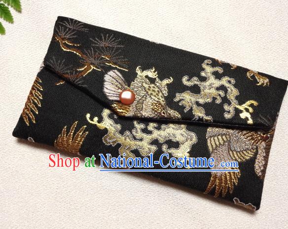 Japanese Traditional Classical Pine Pattern Black Brocade Handbag Asian Japan Nishijin Satin Bags Wallet