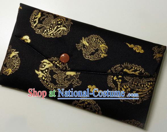 Japanese Traditional Classical Dragons Pattern Black Brocade Handbag Asian Japan Nishijin Satin Bags Wallet