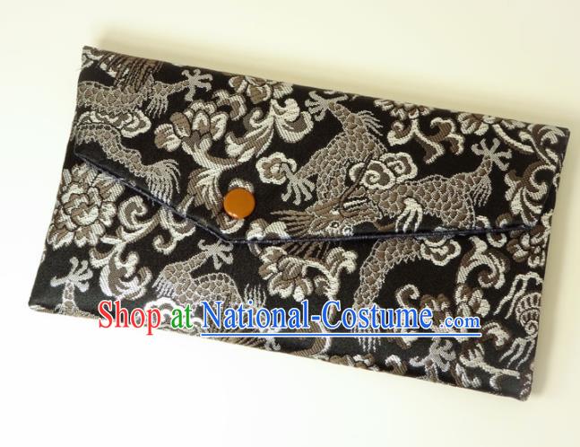 Japanese Traditional Classical Dragon Peony Pattern Black Brocade Handbag Asian Japan Nishijin Satin Bags Wallet