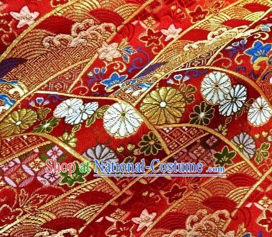 Japanese Traditional Kimono Classical Daisy Pattern Red Brocade Damask Asian Japan Satin Drapery Silk Fabric