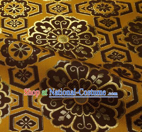 Japanese Traditional Kimono Classical Flowers Pattern Yellow Brocade Damask Asian Japan Satin Drapery Silk Fabric