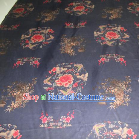 Asian Chinese Cheongsam Classical Peony Orchid Pattern Navy Gambiered Guangdong Gauze Satin Drapery Brocade Traditional Brocade Silk Fabric