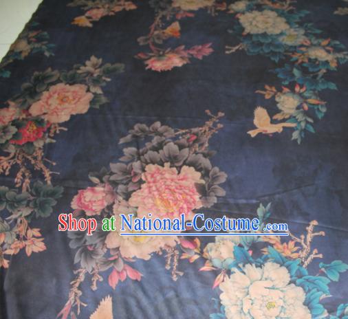 Asian Chinese Cheongsam Classical Peony Pattern Navy Gambiered Guangdong Gauze Satin Drapery Brocade Traditional Brocade Silk Fabric