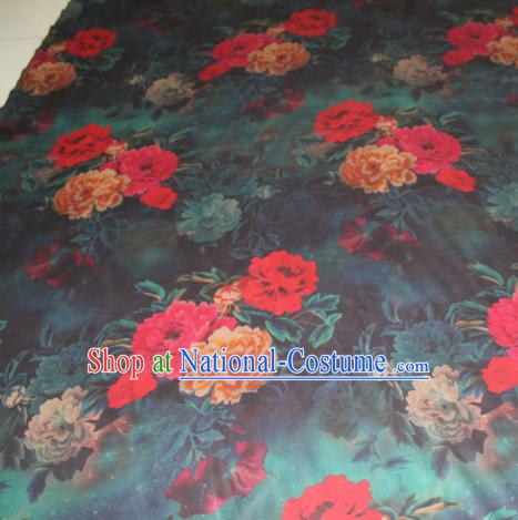 Asian Chinese Cheongsam Classical Peony Pattern Dark Green Gambiered Guangdong Gauze Satin Drapery Brocade Traditional Brocade Silk Fabric