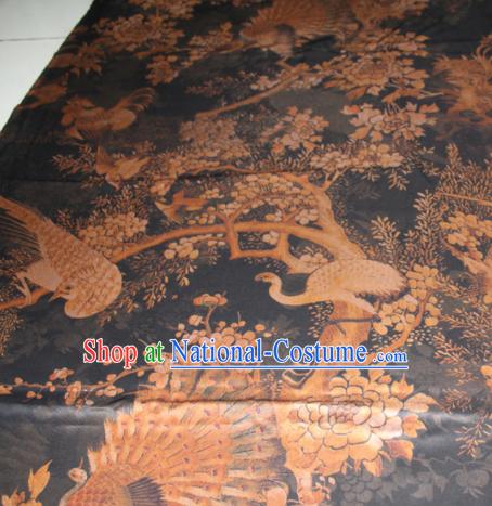 Chinese Traditional Cheongsam Classical Peacock Pattern Black Gambiered Guangdong Gauze Asian Satin Drapery Brocade Silk Fabric