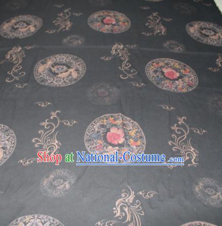 Chinese Traditional Cheongsam Classical Cranes Peony Pattern Black Gambiered Guangdong Gauze Asian Satin Drapery Brocade Silk Fabric