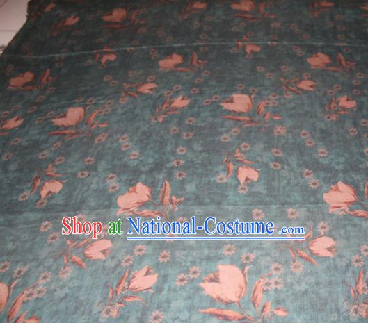 Chinese Traditional Cheongsam Classical Tulip Pattern Blue Gambiered Guangdong Gauze Asian Satin Drapery Brocade Silk Fabric