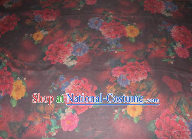 Chinese Traditional Cheongsam Classical Flowers Pattern Wine Red Gambiered Guangdong Gauze Asian Satin Drapery Brocade Silk Fabric