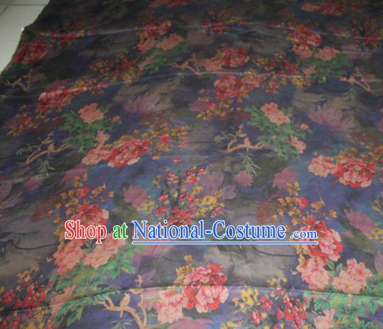 Chinese Traditional Cheongsam Classical Peony Plum Pattern Blue Gambiered Guangdong Gauze Asian Satin Drapery Brocade Silk Fabric