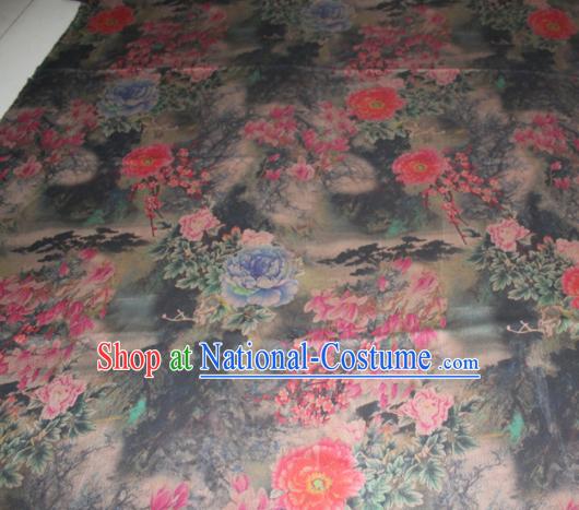 Chinese Traditional Cheongsam Classical Peony Camellia Pattern Black Gambiered Guangdong Gauze Asian Satin Drapery Brocade Silk Fabric