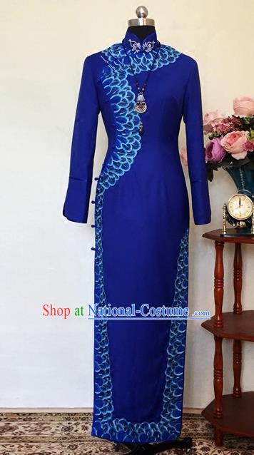 Chinese Traditional Customized Royalblue Cheongsam National Costume Classical Qipao Dress for Women