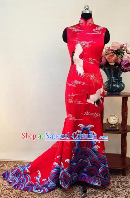 Chinese Traditional Customized Embroidered Crane Red Cheongsam National Costume Classical Qipao Dress for Women