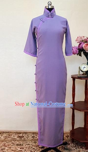 Chinese Traditional Customized Purple Cheongsam National Costume Classical Qipao Dress for Women