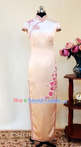 Chinese Traditional Customized Embroidered Champagne Cheongsam National Costume Classical Qipao Dress for Women