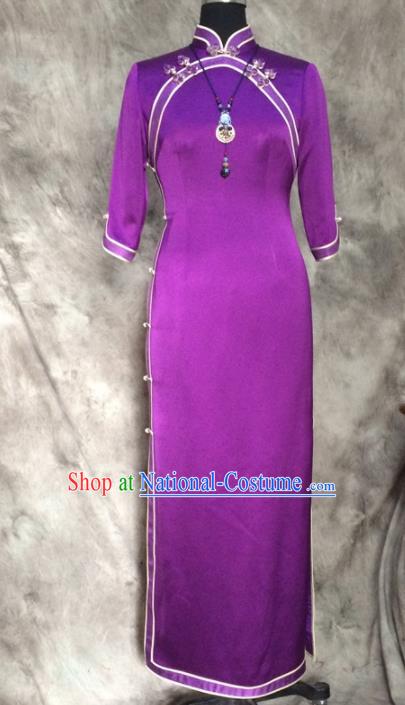 Chinese Traditional Customized Purple Silk Cheongsam National Costume Classical Qipao Dress for Women