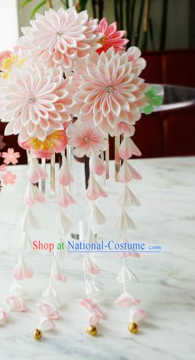 Asian Japan Geisha Pink Argyroxiphium Tassel Hair Claw Japanese Traditional Hair Accessories for Women