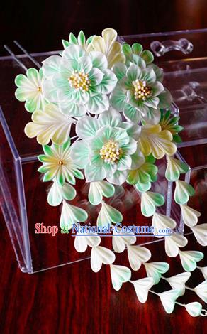 Asian Japan Geisha Green Flowers Tassel Hairpins Japanese Traditional Hair Accessories for Women