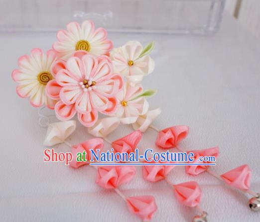 Asian Japan Geisha Pink Flowers Tassel Hair Claw Japanese Traditional Hair Accessories for Women