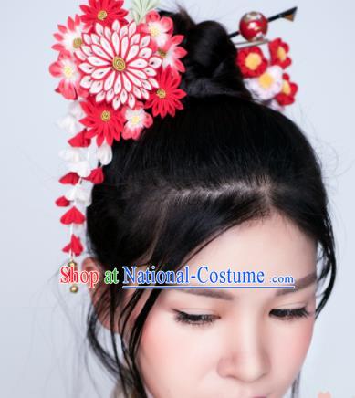 Asian Japan Geisha Red Chrysanthemum Tassel Hairpins Japanese Traditional Hair Accessories for Women