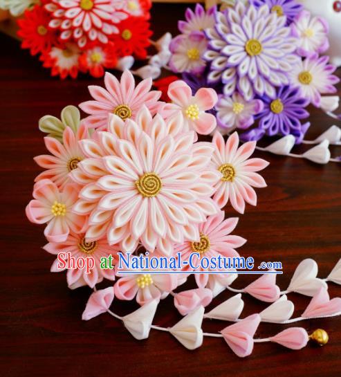 Asian Japan Geisha Pink Chrysanthemum Tassel Hairpins Japanese Traditional Hair Accessories for Women