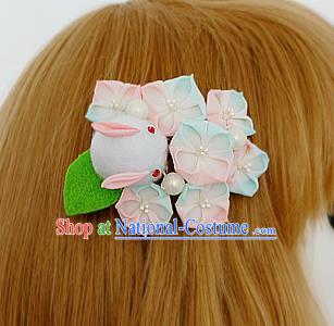 Asian Japan Geisha Blue Sakura Rabbit Hair Claw Japanese Traditional Hair Accessories for Women