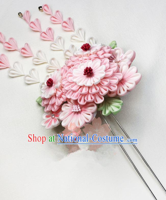 Asian Japan Traditional Geisha Pink Chrysanthemum Tassel Hairpins Japanese Kimono Hair Accessories for Women