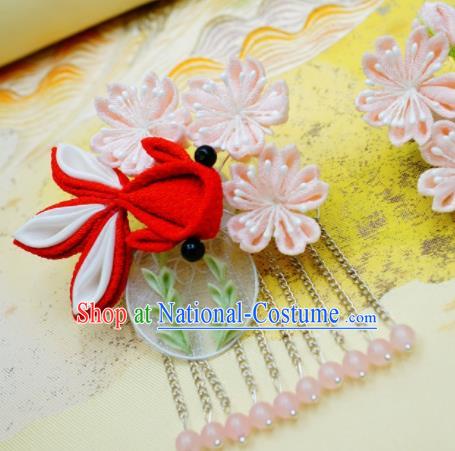 Asian Japan Traditional Geisha Red Goldfish Sakura Tassel Hair Claw Japanese Kimono Hair Accessories for Women