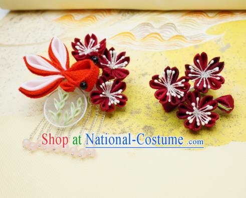 Asian Japan Traditional Geisha Goldfish Wine Red Sakura Tassel Hair Claw Japanese Kimono Hair Accessories for Women