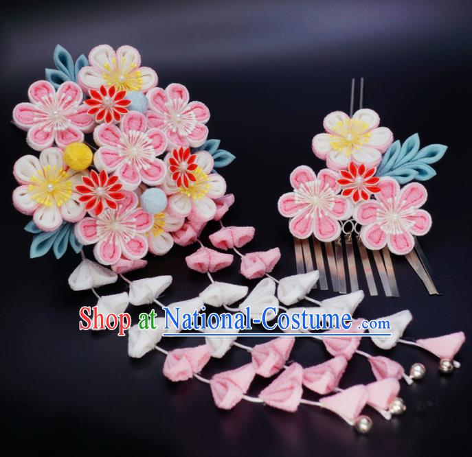 Asian Japan Traditional Geisha Pink Sakura Tassel Hairpins Japanese Kimono Hair Accessories for Women