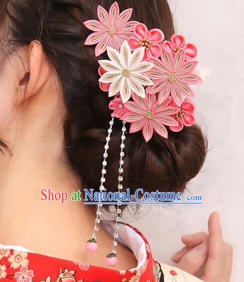 Asian Japan Traditional Geisha Pink Chrysanthemum Tassel Hair Claw Japanese Kimono Hair Accessories for Women