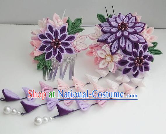 Asian Japan Traditional Geisha Purple Chrysanthemum Tassel Hairpins Japanese Kimono Hair Accessories for Women