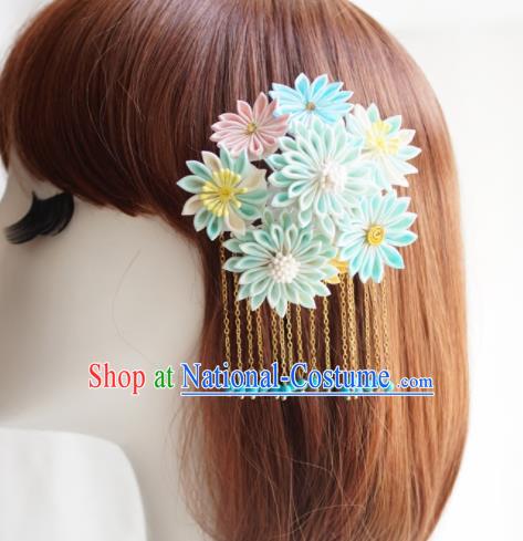 Asian Japan Traditional Geisha Blue Chrysanthemum Tassel Hair Claw Japanese Kimono Hair Accessories for Women