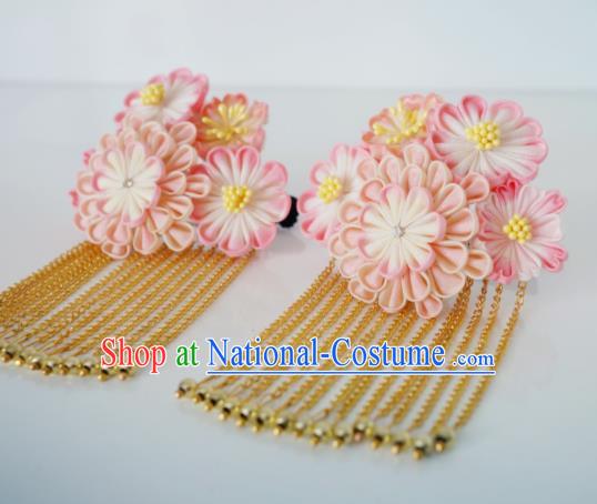 Asian Japan Traditional Geisha Pink Chrysanthemum Tassel Hair Claw Japanese Kimono Hair Accessories for Women