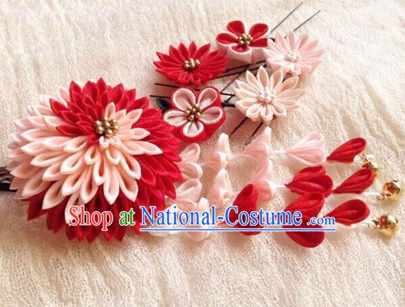 Asian Japan Traditional Geisha Red Chrysanthemum Tassel Hair Claw Japanese Kimono Hair Accessories for Women