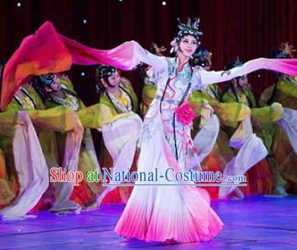 Traditional Chinese Classical Dance Flowers Contend in Beauty Costume Peking Opera White Water Sleeve Dress for Women