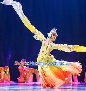 Traditional Chinese Classical Dance Flowers Contend in Beauty Costume Peking Opera Water Sleeve Yellow Dress for Women