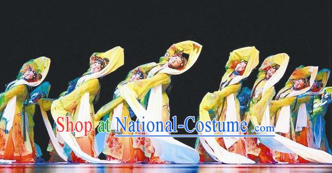 Traditional Chinese Classical Dance Bai Hua Zheng Yan Costume Peking Opera Water Sleeve Yellow Dress for Women