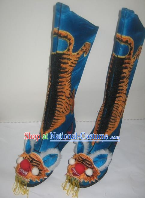 Traditional Chinese Beijing Opera Takefu Blue Boots Handmade Ancient General Tiger Shoes for Men