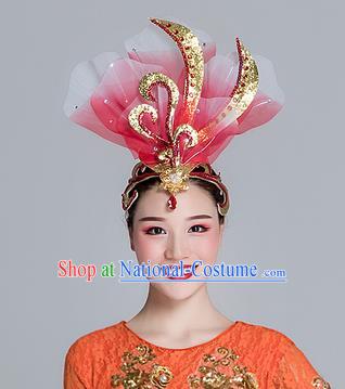 Traditional Chinese Folk Dance Red Silk Flower Hair Clasp Fan Dance Yanko Dance Headwear for Women