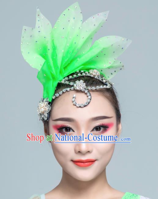 Traditional Chinese Folk Dance Green Silk Leaf Hair Clasp Fan Dance Yanko Dance Headwear for Women