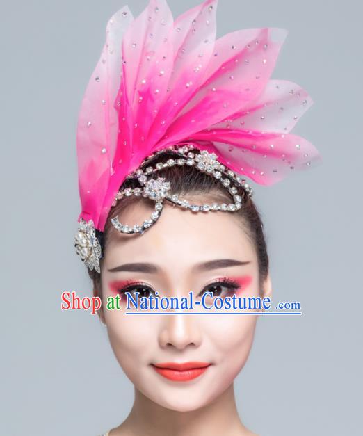 Traditional Chinese Folk Dance Pink Silk Leaf Hair Clasp Fan Dance Yanko Dance Headwear for Women