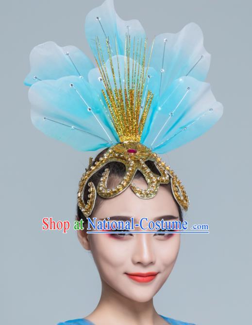 Traditional Chinese Folk Dance Blue Silk Hair Clasp Fan Dance Yanko Dance Headwear for Women