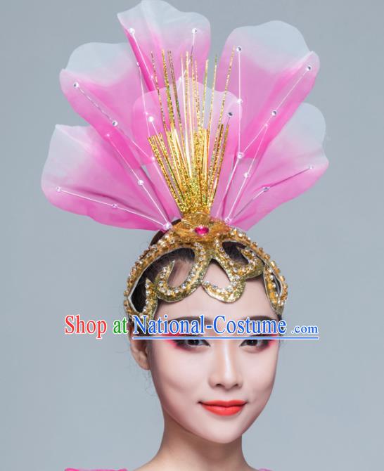 Traditional Chinese Folk Dance Pink Silk Hair Clasp Fan Dance Yanko Dance Headwear for Women