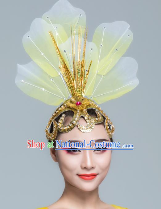 Traditional Chinese Folk Dance Yellow Silk Hair Clasp Fan Dance Yanko Dance Headwear for Women