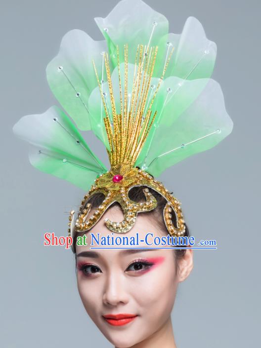 Traditional Chinese Folk Dance Green Silk Hair Clasp Fan Dance Yanko Dance Headwear for Women