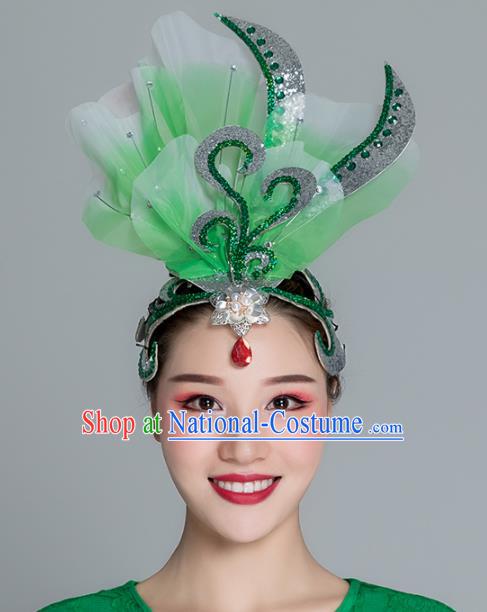 Traditional Chinese Folk Dance Green Silk Flower Hair Clasp Fan Dance Yanko Dance Headwear for Women