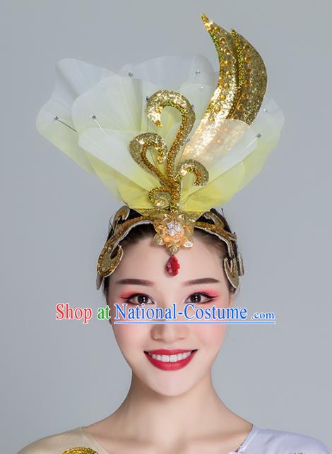 Traditional Chinese Folk Dance Yellow Silk Flower Hair Clasp Fan Dance Yanko Dance Headwear for Women