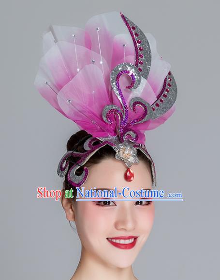 Traditional Chinese Folk Dance Purple Silk Flower Hair Clasp Fan Dance Yanko Dance Headwear for Women