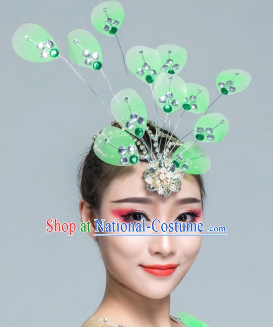 Traditional Chinese Yanko Dance Green Silk Hair Claw Folk Dance Fan Dance Headwear for Women